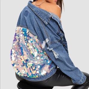 Shein Sequin Contrast Drop Shoulder Denim Jacket